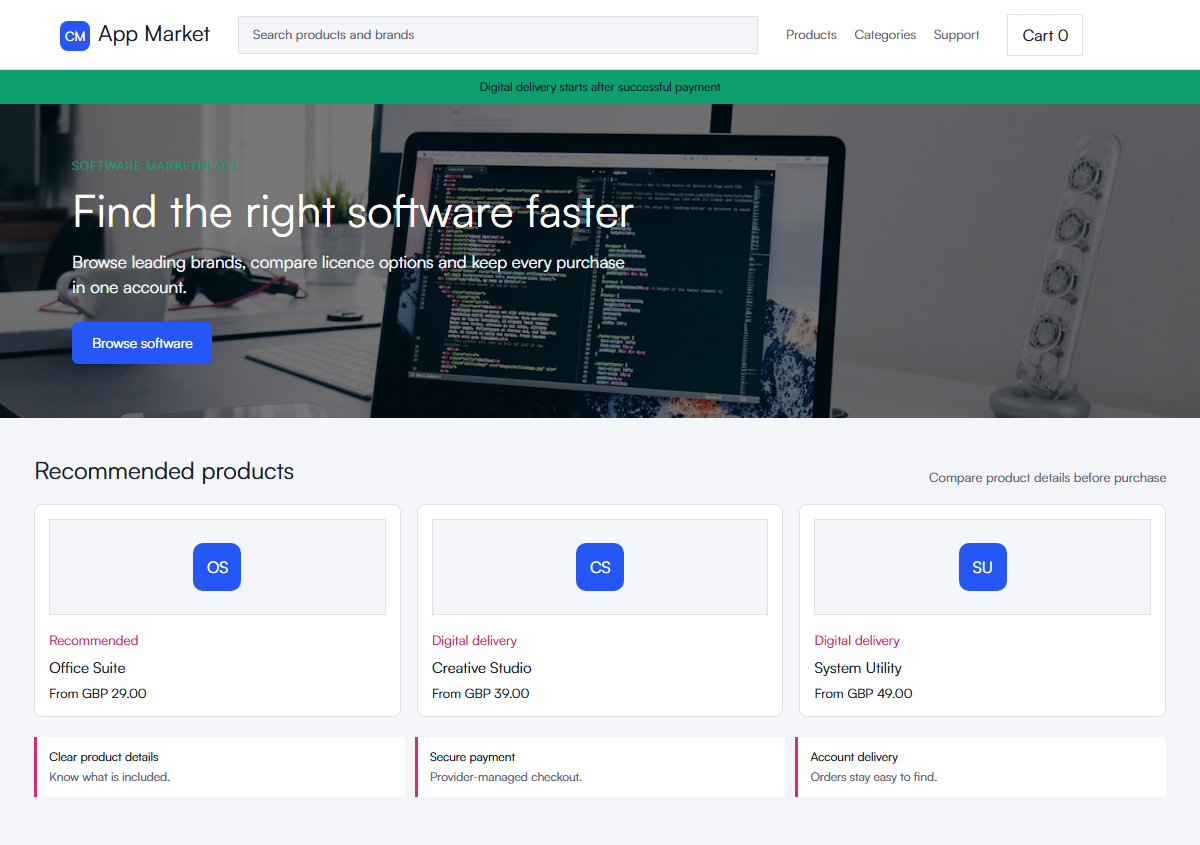 Software marketplace storefront with product search, navigation and software cards